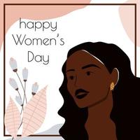bonne journée de la femme, modèle de carte de voeux du 8 mars. femme afro-américaine souriante et fleurs. illustration vectorielle pour affiche, dépliant, publication sur les réseaux sociaux vecteur