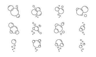 bulles rondes de jeu d'icônes de ligne de mousse ou de soupe. boisson gazeuse, eau gazeuse, lessive, champagne, pictogramme linéaire de nettoyage. icône de contour de savon à bulles de cercle. illustration vectorielle isolée.