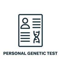 icône de ligne de résultat de test génétique personnel. document avec pictogramme linéaire d'analyse d'adn de rapport. informations génétiques personnelles de l'icône de contour de paternité. illustration vectorielle isolée. vecteur