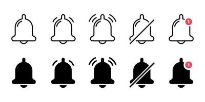 ensemble de cloches de notification et ligne de concept de mode silencieux et icône de silhouette. sonner à la porte pour l'application de téléphonie mobile. remarquez le symbole sur le smartphone. cloche avec bouton rouge. illustration vectorielle isolée. vecteur