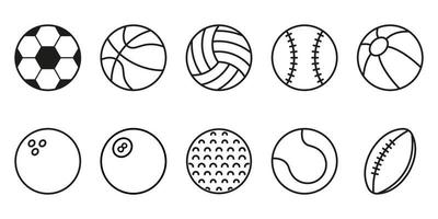 ensemble d'icône de boules de jeu de sport. collection de balles pour le basket-ball, le baseball, le tennis, le rugby, le football, le volley-ball, le golf, la piscine, le pictogramme de bowling. ballon gonflable, symbole de softball. illustration vectorielle. vecteur