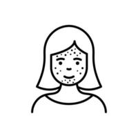 fille avec point noir, acné, éruption cutanée sur l'icône de la ligne du visage. femme avec pictogramme linéaire de boutons. allergie, inflammation de la peau, icône de contour de problème dermatologique. illustration vectorielle isolée. vecteur