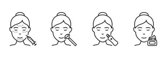 icône de ligne de procédure de beauté du visage femme. massage du visage avec rouleau, injection, pictogramme linéaire de nettoyage par ultrasons. icône de contour de soins de la peau visage fille. illustration vectorielle isolée. vecteur