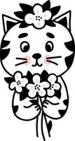 chat mignon avec des fleurs. illustration vectorielle. doodle linéaire dessiné à la main de personnage de chat pour la conception et la décoration vecteur