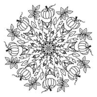 joli mandala d'automne doodle avec feuilles, champignons, paniers, renard, tulipes, feuilles, glands isolés sur fond blanc. illustration vectorielle dessinée à la main pour la page de coloriage et les livres d'art pour adultes et enfants. vecteur