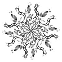 mandala vectoriel floral avec fleurs et feuilles dans un style doodle isolé sur fond blanc. coloration amusante et illustration mignonne pour le design saisonnier, le textile, la décoration de la salle de jeux pour enfants ou la carte de voeux