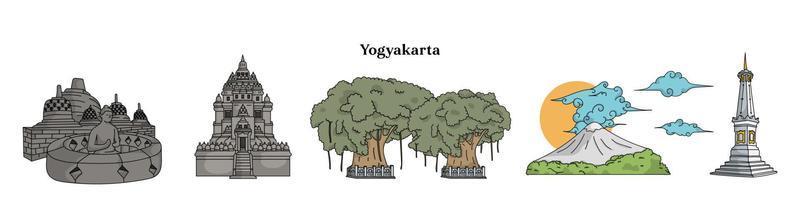 modèle de paysage isolé de yogyakarta. temple de Borobudur. temple de Prambanan. tugu jogja. vecteur