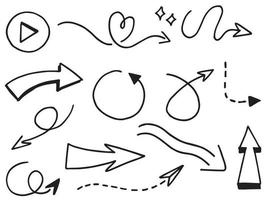 ensemble d'icônes de flèches dessinées à la main. icône de flèche avec différentes directions. illustration vectorielle de griffonnage. isolé sur fond blanc. vecteur