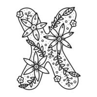 alphabet floral. lettre de doodle incolore x. livre de coloriage pour adultes et enfants. vecteur