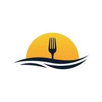 coucher de soleil de fruits de mer avec illustration d'icône vectorielle de logo de restaurant de fourchette ou de cuillère vecteur