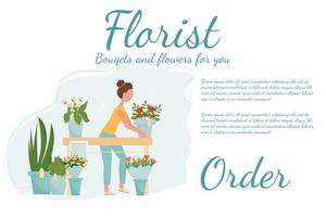 page d'accueil, fleuriste modèle web, service, illustration vectorielle stock de boutique de fleurs. femme tenant un bouquet, près d'un autre bouquets et fleurs en pots. vecteur