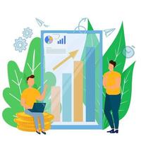 homme avec un ordinateur portable assis sur une pièce de monnaie et faisant des consultations pour un homme debout près du diagramme avec une illustration vectorielle de stock de flèche dans un style plat. composition graphique du concept de stratégie de croissance vecteur