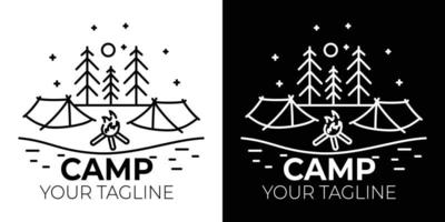 logo de camping noir et blanc simple, conception de logo de camping avec des lignes de symboles sous forme de forêt, tente, paysage, ciel vecteur