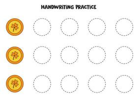 traçant les contours des pièces de monnaie de trèfle d'or. pratique de l'écriture. vecteur