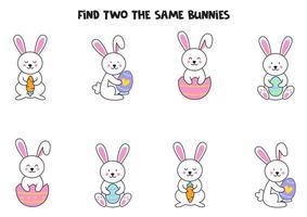 trouvez deux adorables lapins de Pâques identiques. jeu éducatif pour les enfants d'âge préscolaire. vecteur