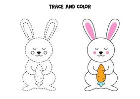 tracez et coloriez un joli lapin de Pâques tenant une carotte. feuille de travail pour les enfants. vecteur