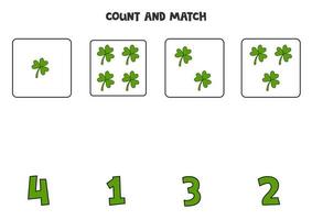 jeu de comptage pour les enfants. compter tous les trèfles et faire correspondre avec le nombre. feuille de travail pour les enfants. vecteur