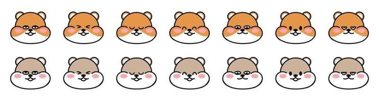 ensemble de visages mignons hamsters dessinés. hamster kawaii avec différentes expressions faciales. collection d'avatars mascottes autocollants d'animaux de personnage drôle isolés sur blanc. illustration vectorielle vecteur
