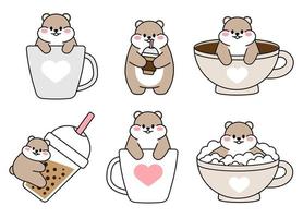 ensemble de hamsters dessinés mignons. hamster kawaii dans une grande tasse de thé au café. collection d'avatars mascottes autocollants d'animaux de personnage drôle isolés sur fond blanc. illustration vectorielle vecteur