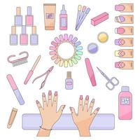 ensemble d'accessoires de manucure avec mains, équipement, outils. lime à ongles, ciseaux à ongles, pince à épiler, vernis à ongles, crème pour les mains, dissolvant, brosse vecteur