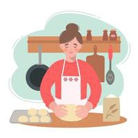 jeune femme dans la cuisine prépare des petits pains moelleux. elle a de la pâte dans les mains. illustration de la jeune femme cuisinant à la maison. vecteur