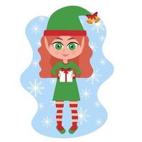 belle mignonne petite fille santa elf avec présent sur fond blanc. illustration de noël de dessin animé. vecteur