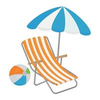 chaise longue rayée avec parasol et ballon gonflable de plage, illustration vectorielle de couleur en style cartoon vecteur