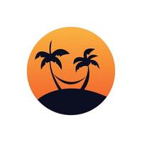 palmier ou cocotier avec création de logo cercle coucher de soleil sur la mer vecteur