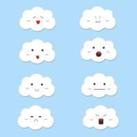 ensemble de dessins animés en nuage mignons ou kawaii tels que sourire, pleurer, heureux, triste, en colère et se détendre sur fond bleu. vecteur