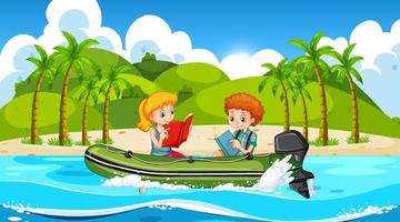 paysage océanique avec des enfants sur un bateau à moteur gonflable vecteur
