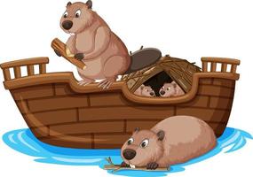 castors sur bateau en bois en style cartoon vecteur