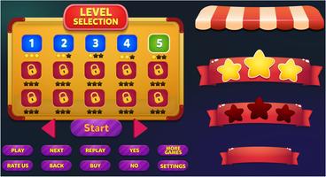 Scène de menu de jeu de sélection de niveau avec boutons, barre de chargement et étoiles vecteur