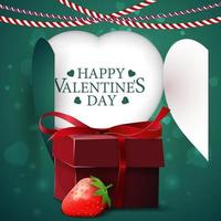 modèle de carte verte de voeux saint valentin avec coeur, cadeau et fraise vecteur