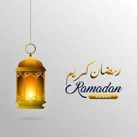 conception de voeux ramadan kareem islamique avec illustration de calligraphie arabe ramadan kareem et lanterne de luxe sur fond gris foncé. illustration de lanterne dorée. calligraphie arabe ramadan kareem. vecteur