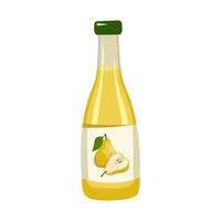 bouteille avec jus de poire jaune, fruit entier avec feuilles et moitiés avec graines. délicieuse boisson et produit sains. illustration plate de vecteur de nourriture