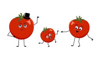 famille de personnages de tomates avec des émotions heureuses, un visage souriant, des yeux, des bras et des jambes heureux. maman est heureuse, papa porte un chapeau et l'enfant danse. illustration vectorielle plate vecteur