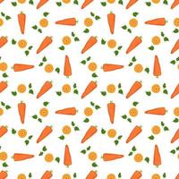 modèle sans couture avec carotte orange. impression d'aliments sains, légume entier, coupé en cercles, tranches, pièces et bâtons et feuilles de persil sur fond blanc. illustration vectorielle plate vecteur