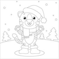 page de livre de coloriage pour les enfants. tigre de noël. personnage de style dessin animé. illustration vectorielle isolée sur fond blanc. vecteur