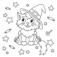 un chat moelleux dans un chapeau de sorcière est assis et regarde des bonbons et des étoiles. thème d'Halloween. page de livre de coloriage pour les enfants. style bande dessinée. illustration vectorielle isolée sur fond blanc. vecteur