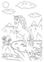 jolie licorne. cheval de fée magique. page de livre de coloriage pour les enfants. style de bande dessinée. illustration vectorielle isolée sur fond blanc. vecteur