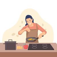 illustration vectorielle dessinée à la main. une fille en tablier cuisine. vecteur