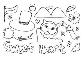 éléments de jeu dessinés à la main, noir sur fond blanc. flèche, coeur, amour, fleur, couronne, chapeau, drapeau, montagne, pomme, coeur doux, soleil et emojis. pour la conception conceptuelle.