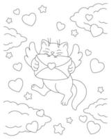 un chat avec des ailes porte une lettre d'amour. page de livre de coloriage pour les enfants. La Saint-Valentin. personnage de style dessin animé. illustration vectorielle isolée sur fond blanc. vecteur