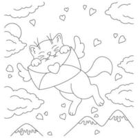 chat mignon a attrapé une lettre d'amour. page de livre de coloriage pour les enfants. La Saint-Valentin. personnage de style dessin animé. illustration vectorielle isolée sur fond blanc. vecteur