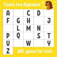 terminer l'alphabet. jeu abc pour les enfants. feuille de travail de développement de l'éducation. jeu d'apprentissage pour les enfants. page d'activité en couleur. vecteur