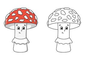 page de livre de coloriage pour les enfants. champignon amanite. personnage de style dessin animé. illustration vectorielle isolée sur fond blanc. vecteur