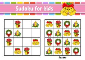 sudoku pour les enfants. feuille de travail de développement de l'éducation. personnage de dessin animé. page d'activité en couleur. jeu de puzzle pour les enfants. thème de noël. illustration vectorielle isolée.