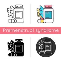 icône d'apport en vitamines. approvisionnement en huile de poisson. supplément d'oméga-3. médicaments et pilules. complexe multivitaminé. soins de santé et nutrition. design plat, styles linéaires et de couleur. illustrations vectorielles isolées vecteur