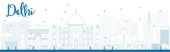 contour delhi skyline avec des points de repère bleus. vecteur