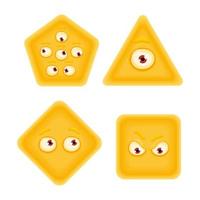 formes géométriques jaunes serties d'émotions faciales. carré, triangle, losange, formes hexagonales avec yeux. illustration vectorielle dessinée à la main pour les enfants. personnages drôles mignons. isolé sur fond blanc. vecteur